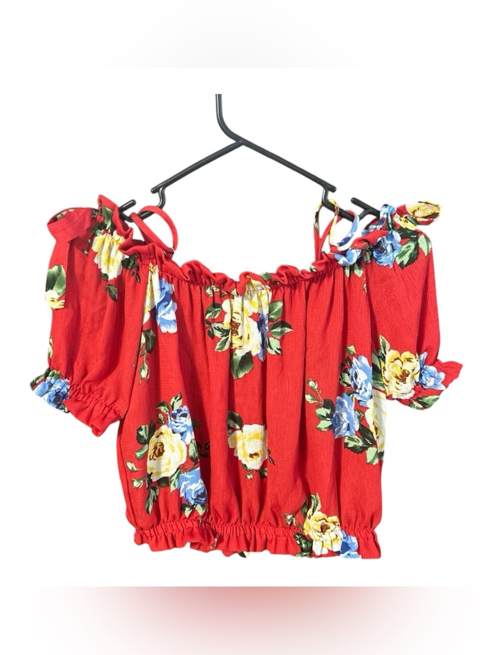 iris Red Floral Off-Shoulder Crop Top with Puff Sleeves size small